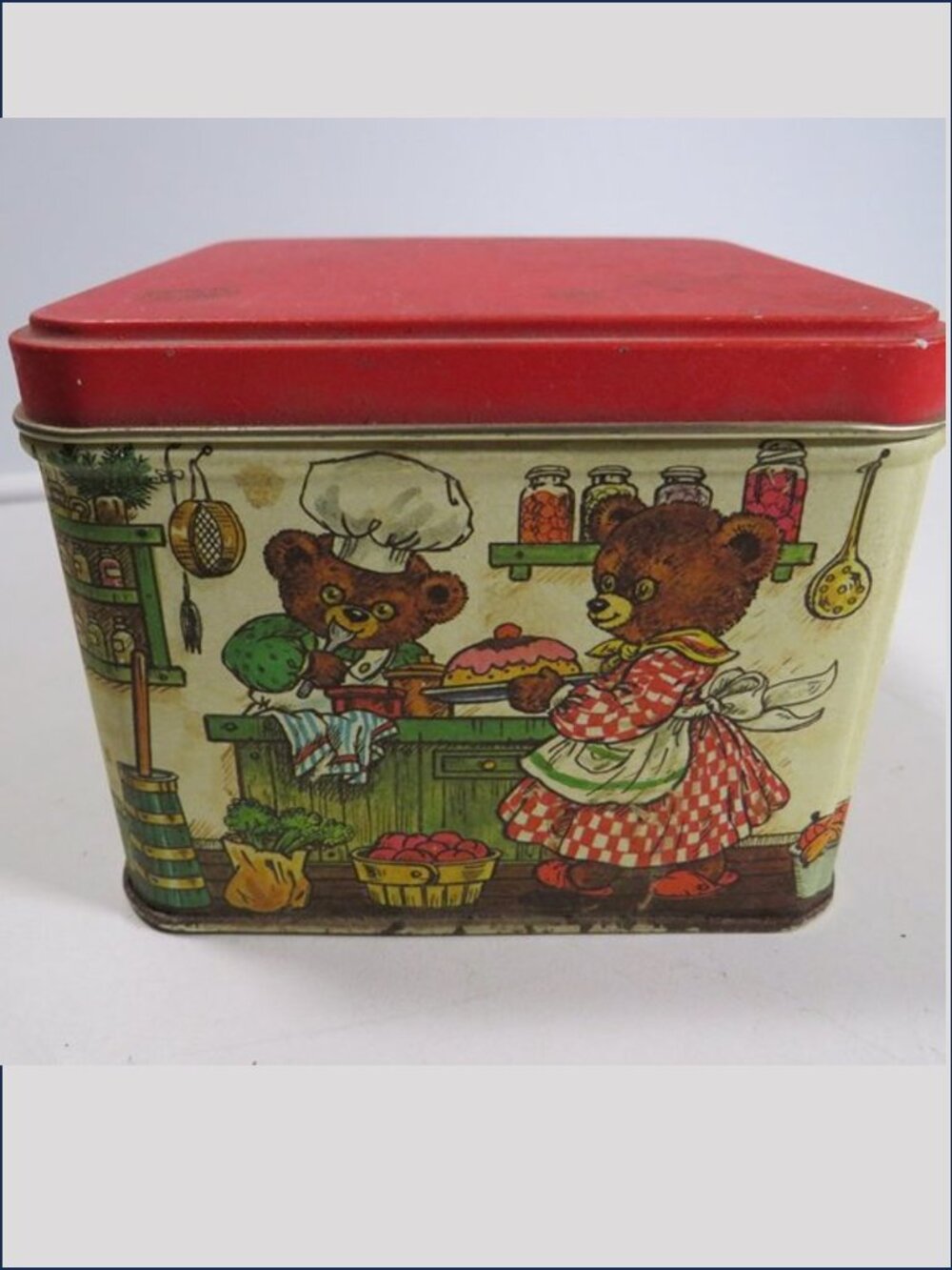 Vintage Teddy Bears in Kitchen Tin Container Square Holiday Metal Box Storage